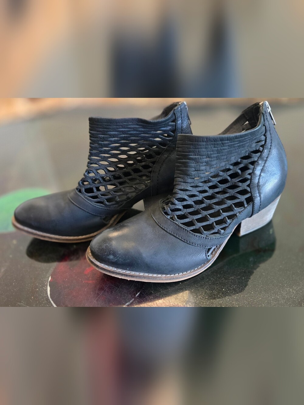 Women's Black Cutout Leather Ankle Boots